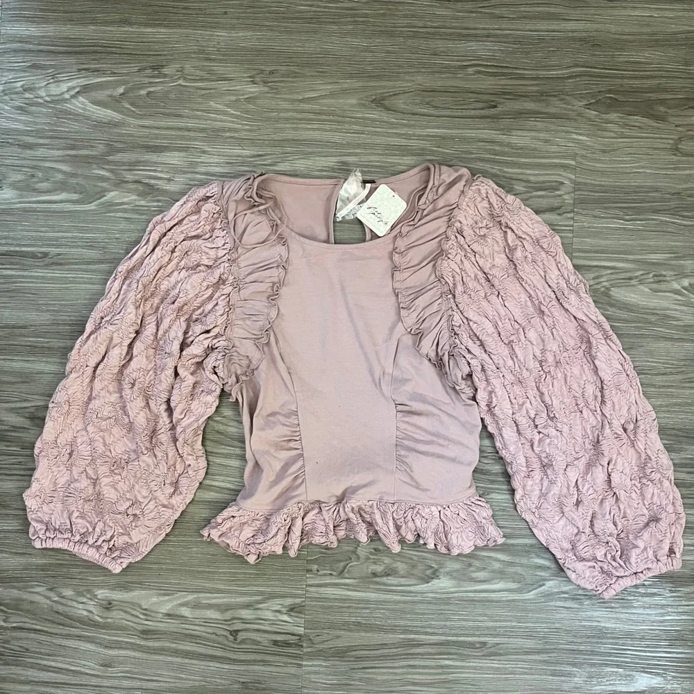 Free People Intimately Lavender Ruffle Textured Puff Sleeve Top OB2091945 S